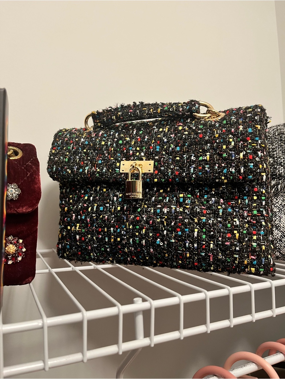 Kurt Geiger Large Textured Black Tweed Shoulder Bag with Gold Lock